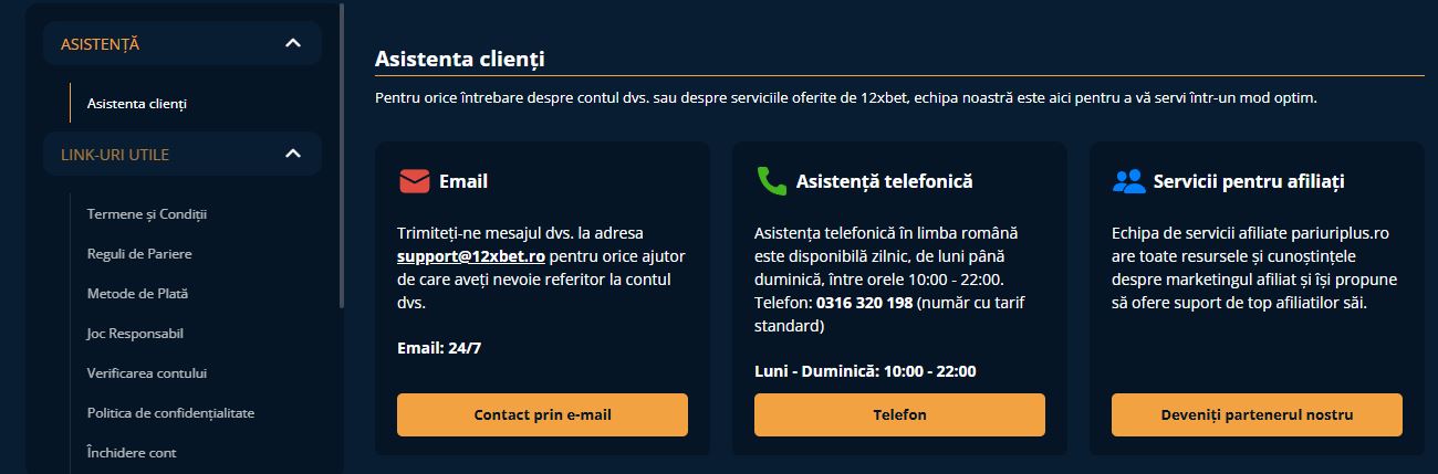 Contactează asistența clienți 12XBet prin email sau telefon